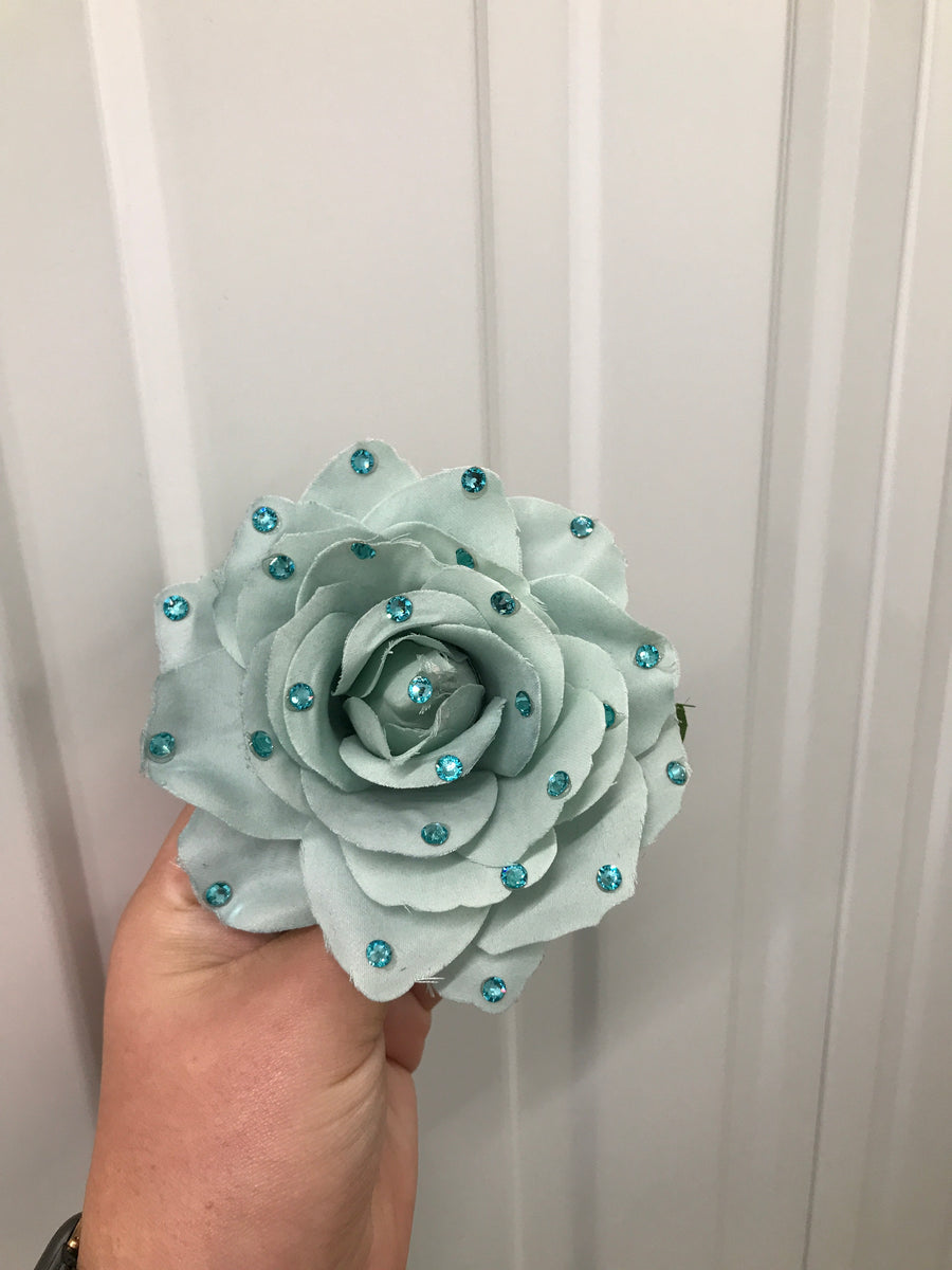 Large Aqua Rose Crystal Hair Flower