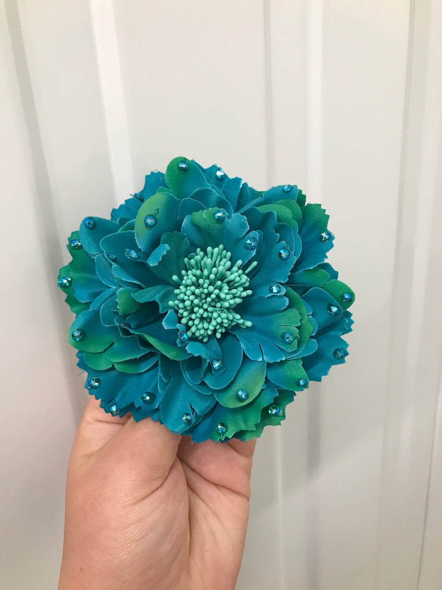 Large Peacock Blue Flat Crystal Hair Flower