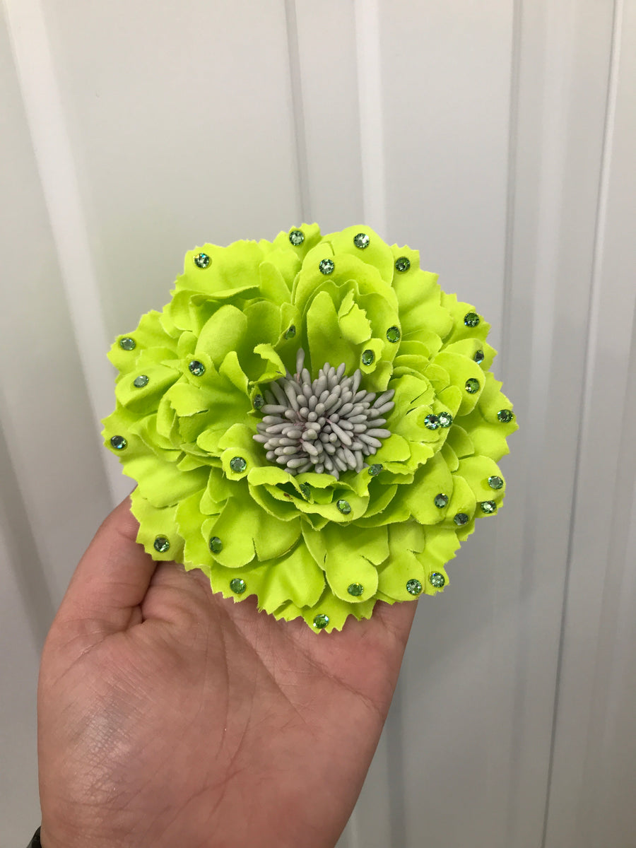 Large Lime Green Flat Crystal Hair Flower