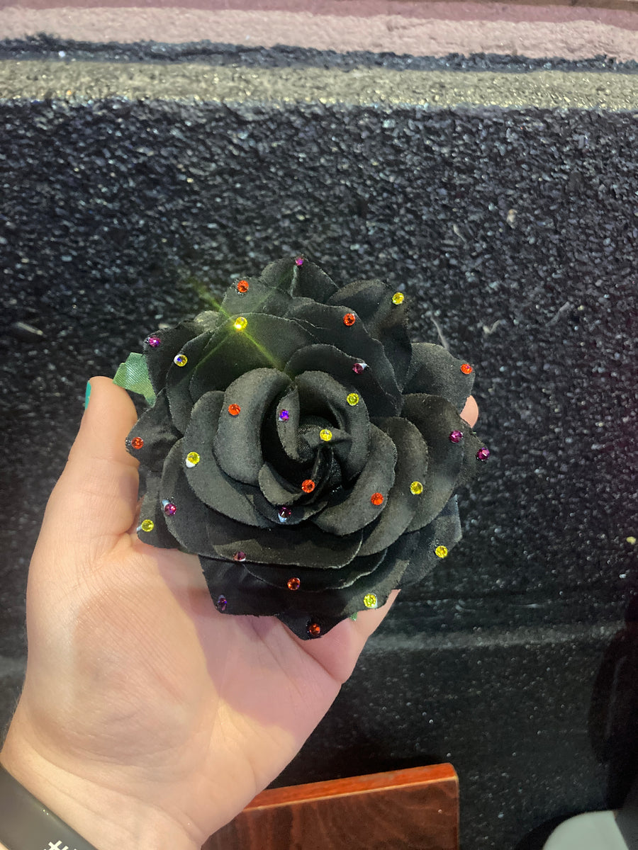 Large Black Rose Crystal Hair Flower